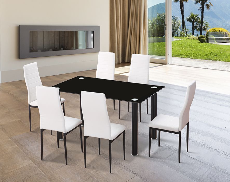 Conjunto mesa de cristal negro + 6 sillas polipiel EMI