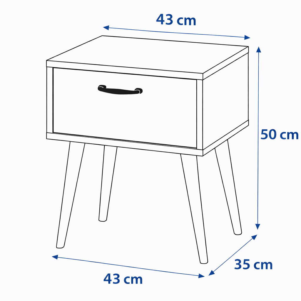 Mesita de noche Cajón en blanco con patas de madera o acabado madera natural