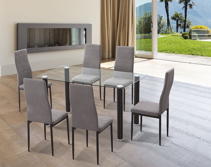 Conjunto mesa de cristal + 6 sillas tapizadas Yuri