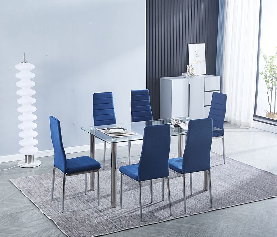 Conjunto mesa de cristal + 6 sillas velvet azul Avatar