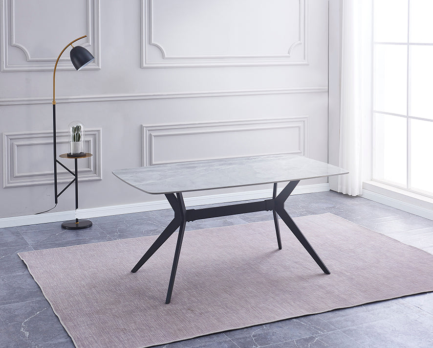 Mesa de Comedor Calista — Cerámica Efecto Mármol con Patas Metálicas Negras, 160×90 cm