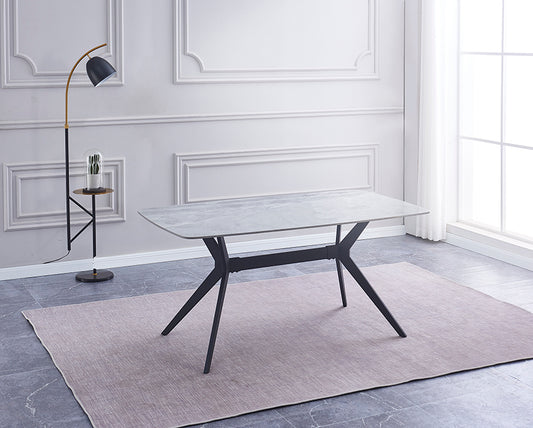 Mesa de Comedor Calista — Cerámica Efecto Mármol con Patas Metálicas Negras, 160×90 cm