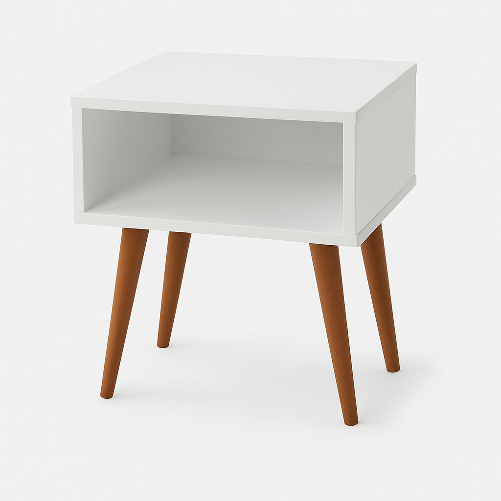 Mesita de noche Simple en blanco con patas de madera o acabado madera natural