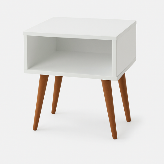 Mesita de noche Simple en blanco con patas de madera o acabado madera natural