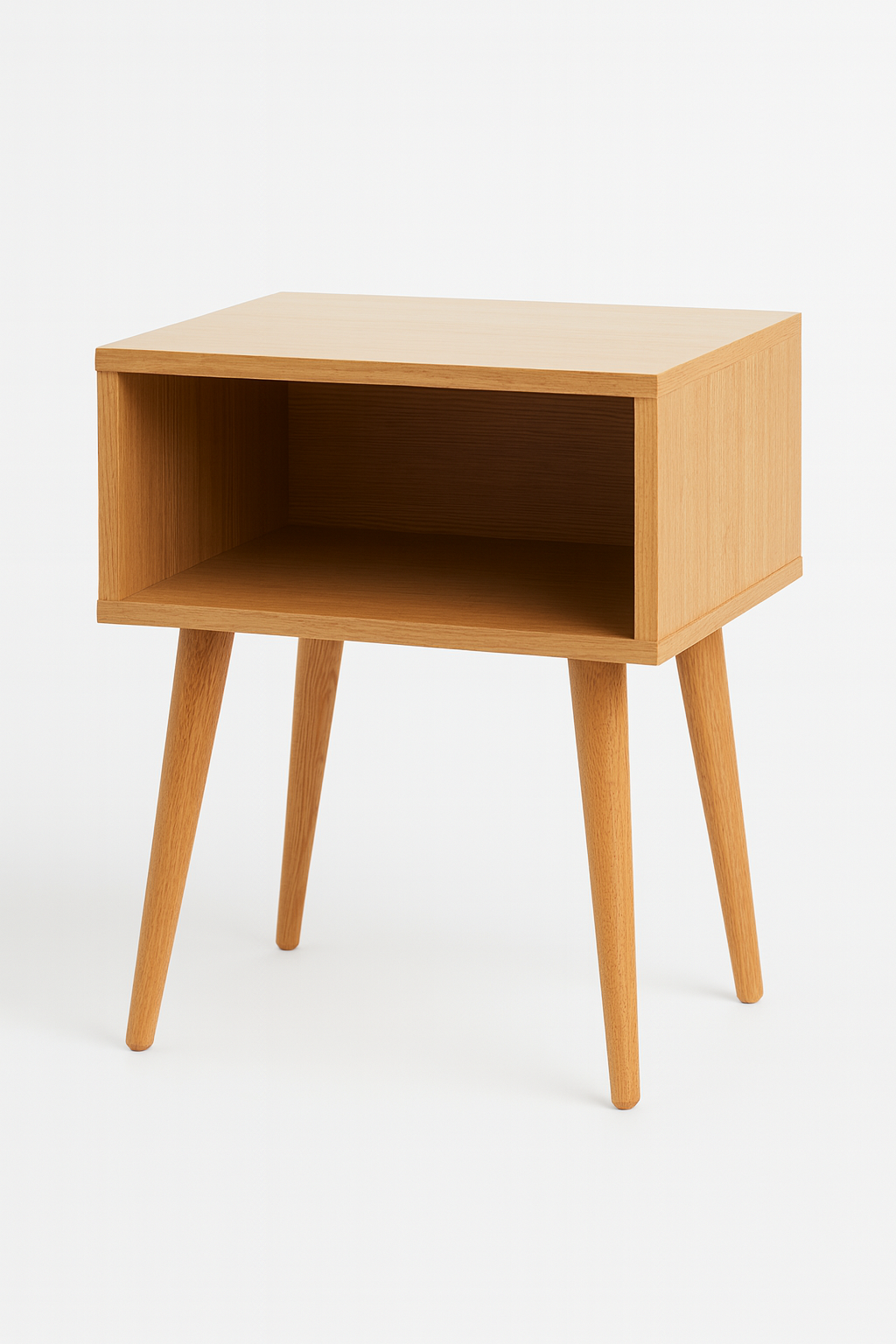 Mesita de noche Simple en blanco con patas de madera o acabado madera natural
