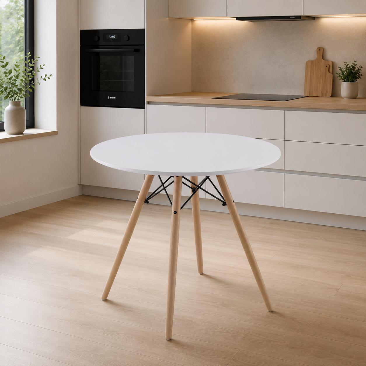Mesa de Comedor Redonda Dinamarca — Estilo Nórdico con Patas de Madera Maciza, 80 cm