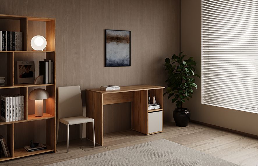 Escritorio Elba con Estante y Puerta — Mesa de Estudio de 120 cm en Mauvella y Beige