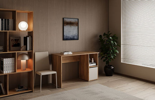 Escritorio Elba con Estante y Puerta — Mesa de Estudio de 120 cm en Mauvella y Beige