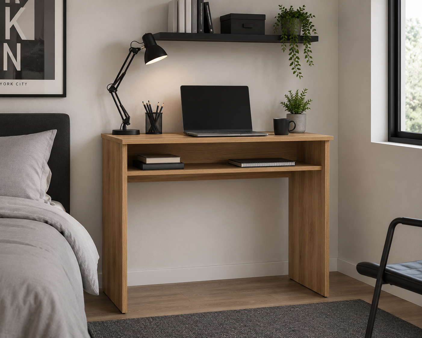 Escritorio Pequeño de 90 cm con Estante — Compacto en Efecto Madera Mauvella
