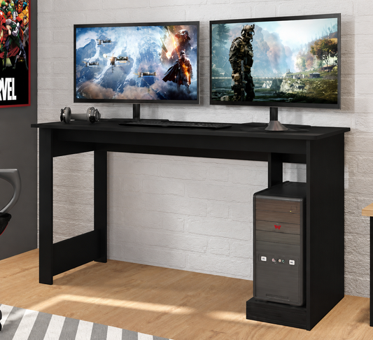 Mesa Gamer de 136 cm — Escritorio Gaming Negro para Doble Monitor con Soporte para Torre