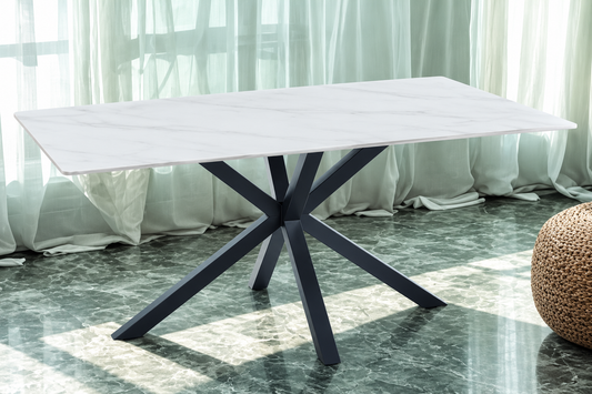 Mesa de Comedor Maya Ceramic — Cerámica Blanca Efecto Mármol de 12 mm, 150×90 cm