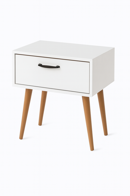 Mesita de noche Cajón en blanco con patas de madera o acabado madera natural