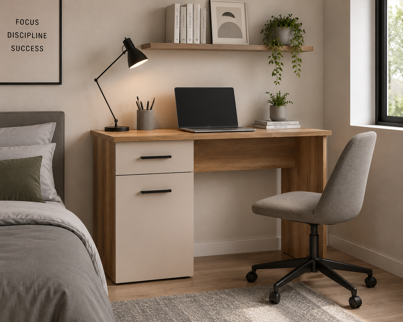 Escritorio Elba con Cajón y Puerta — Mesa de Estudio de 120 cm en Mauvella y Beige