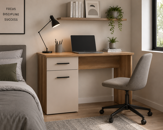 Escritorio Elba con Cajón y Puerta — Mesa de Estudio de 120 cm en Mauvella y Beige