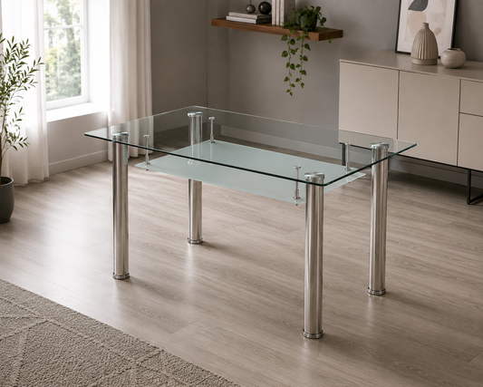 Mesa de Comedor Pranzo — Cristal Templado con Bandeja Ahumada y Patas de Acero Inoxidable, 140×80 cm