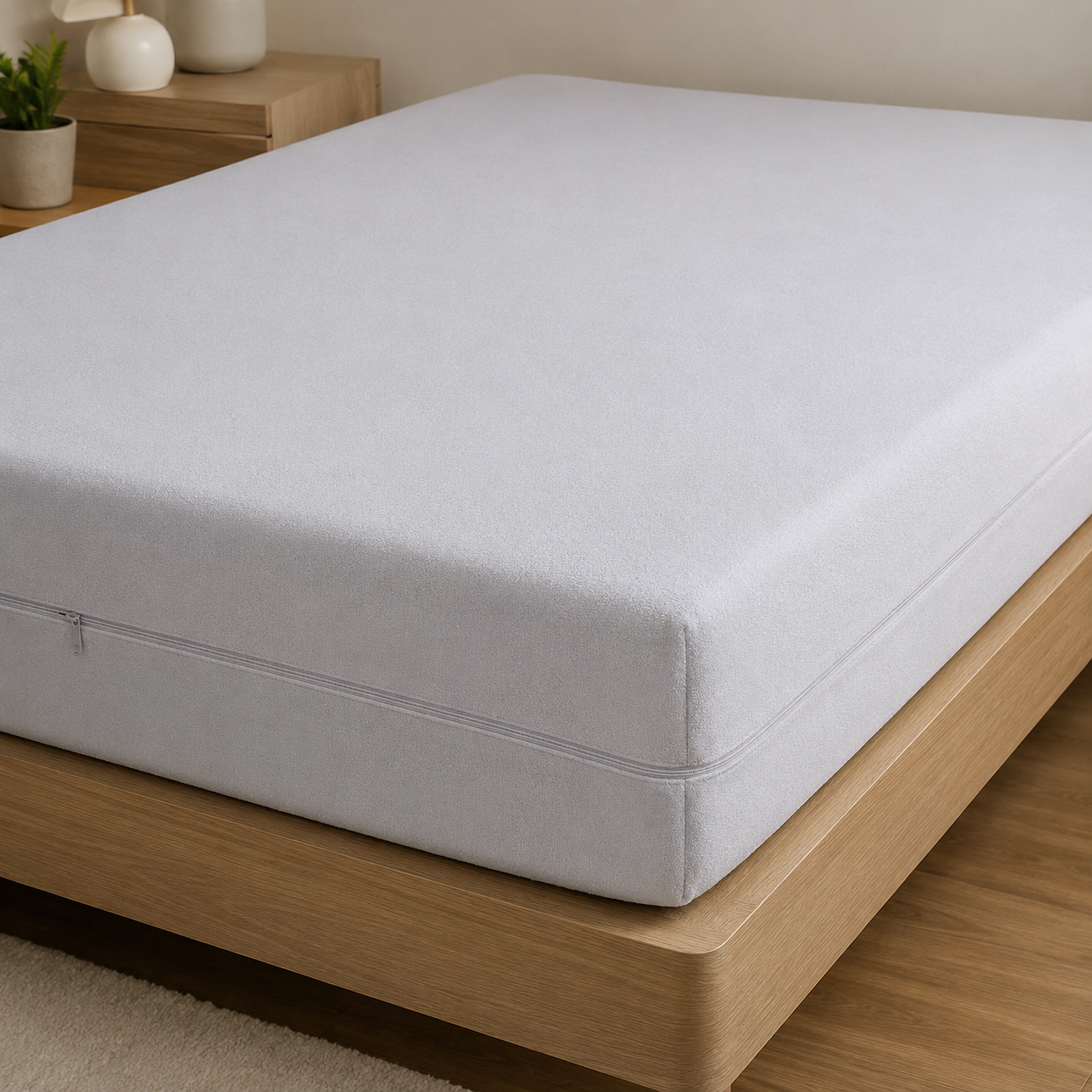 Funda de Colchón Platino Cuti — Blanca, 100% Poliéster con Cremallera en L Reforzada