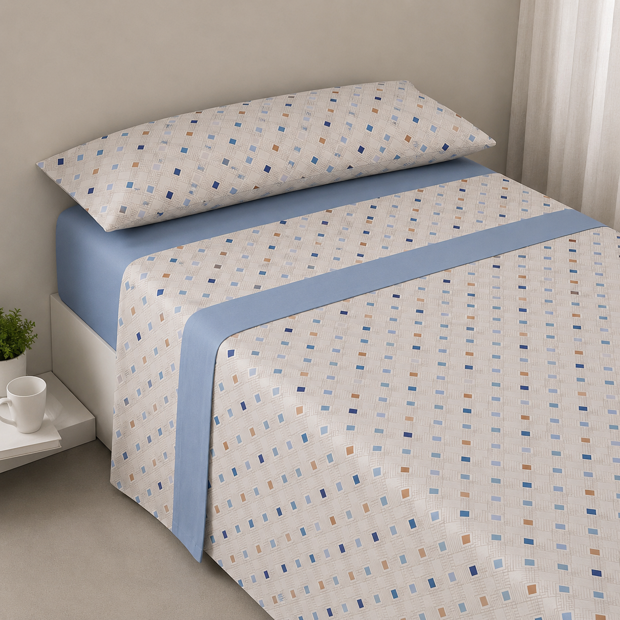 Juego de Sábanas Rhin 100% Poliéster — Estampado Geométrico Moderno en Azul y Rosa, 3 Piezas