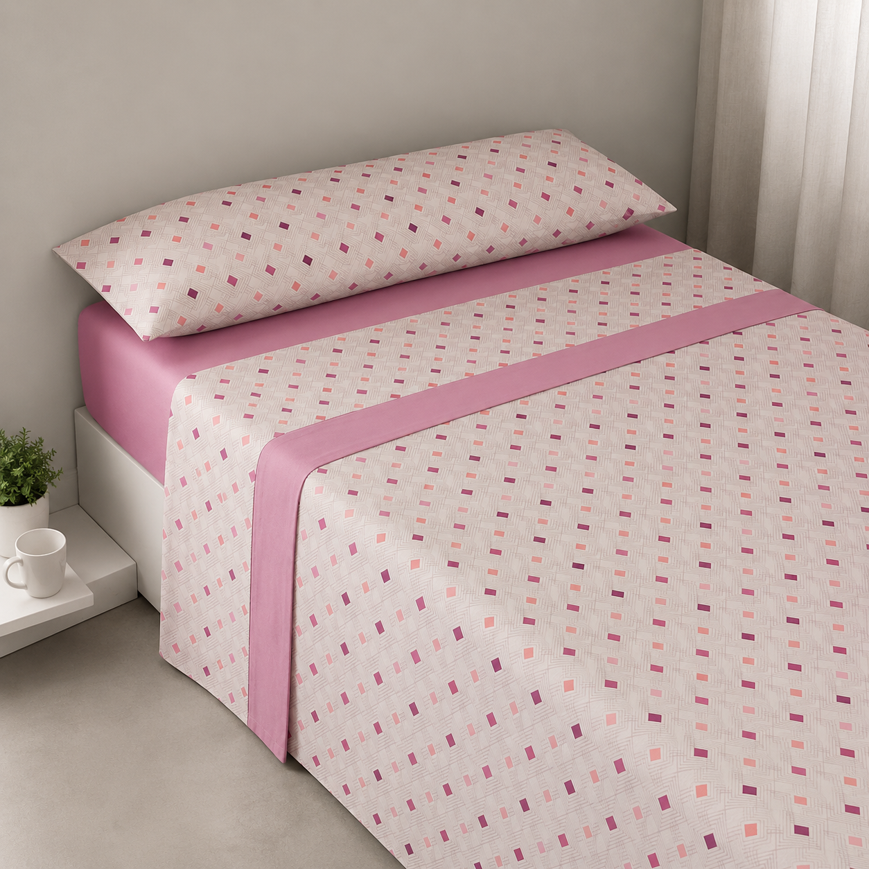 Juego de Sábanas Rhin 100% Poliéster — Estampado Geométrico Moderno en Azul y Rosa, 3 Piezas