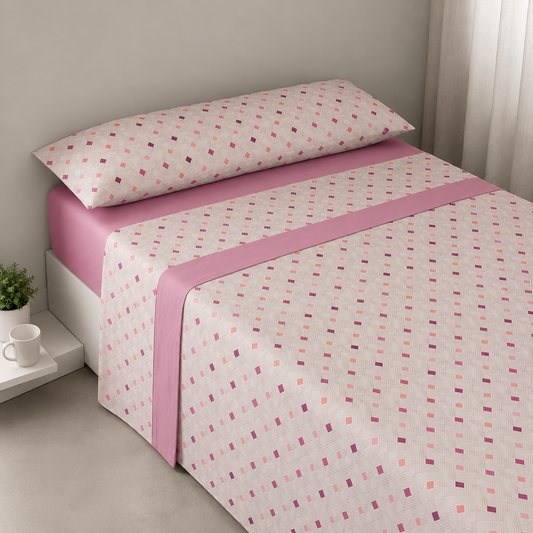 Juego de Sábanas Rhin 100% Poliéster — Estampado Geométrico Moderno en Azul y Rosa, 3 Piezas