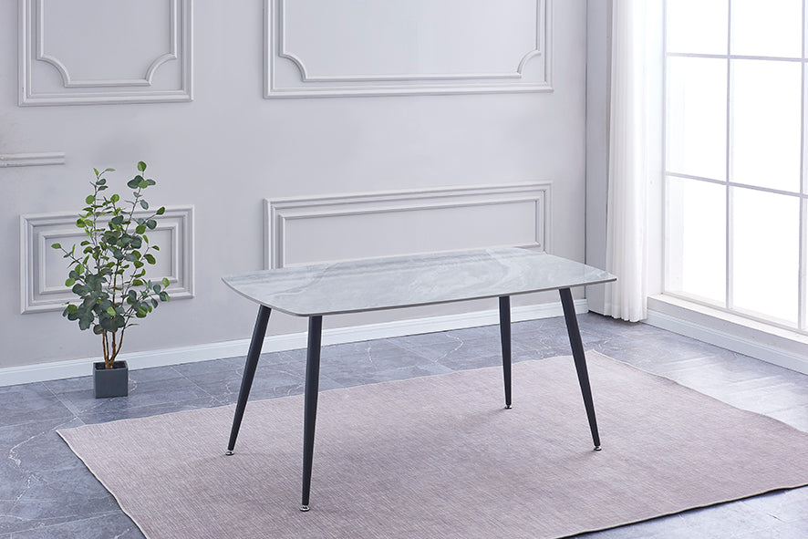 Mesa de Comedor Sander — Cerámica Efecto Mármol con Patas Metálicas Negras, 140×80 cm