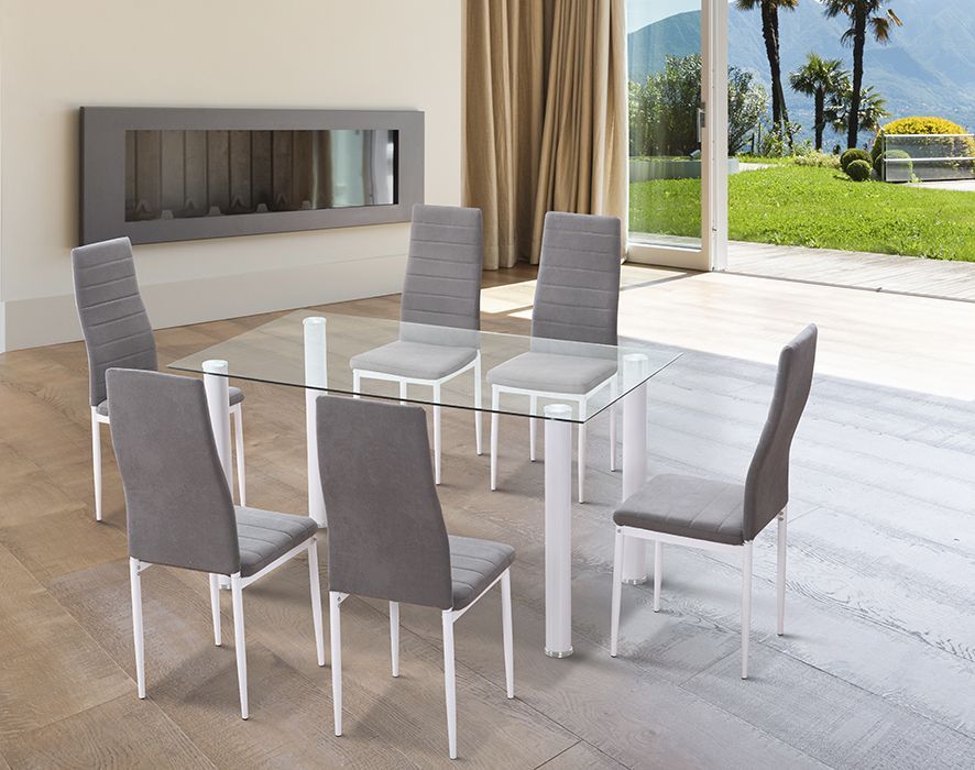 Conjunto mesa de cristal + 6 sillas tapizadas Yuri