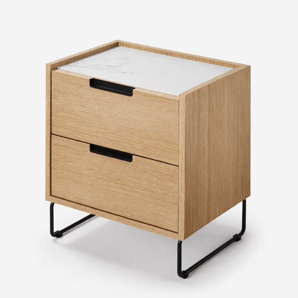 Mesita de noche Vogue con 2 cajones y tapa de eco mármol
