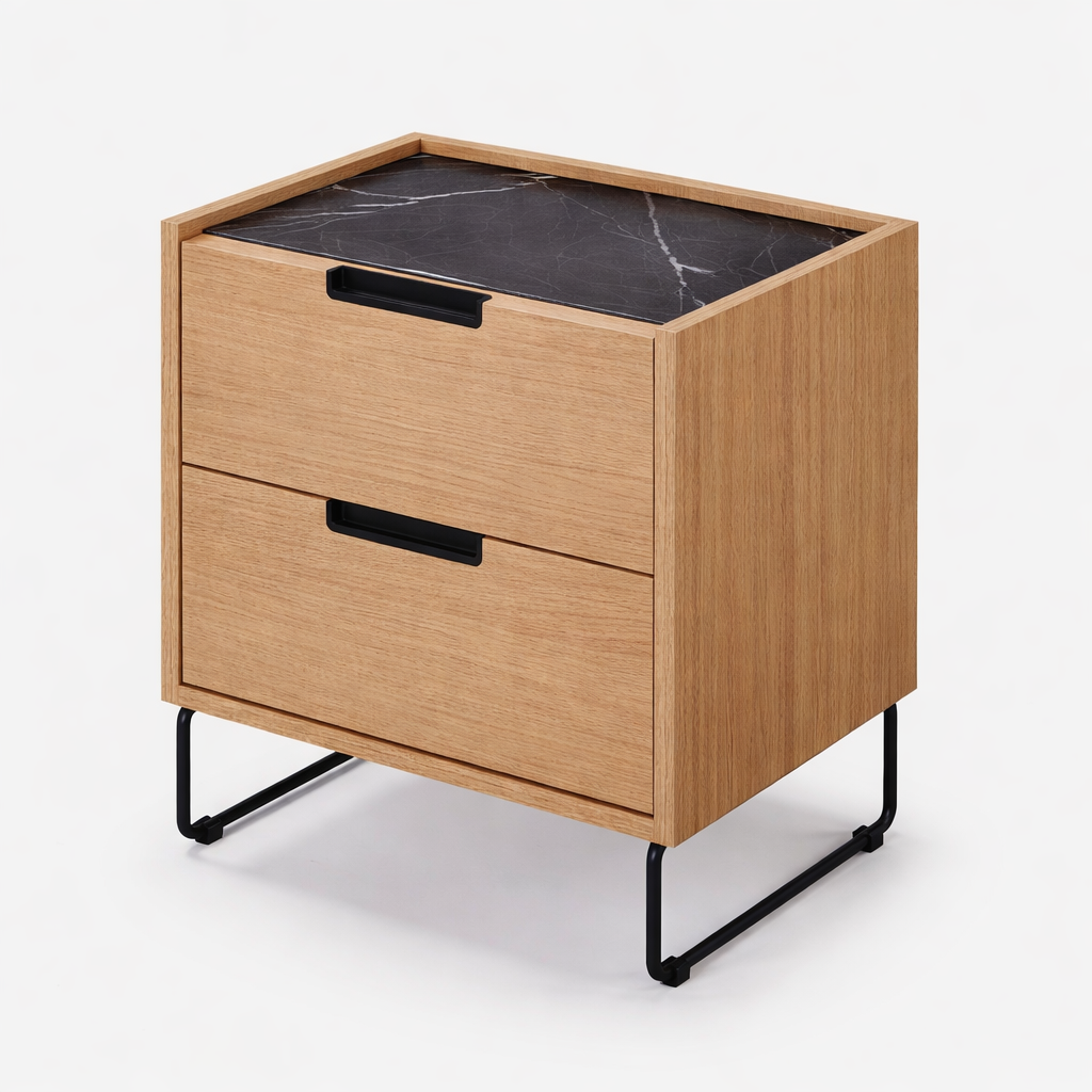 Mesita de noche Vogue con 2 cajones y tapa de eco mármol